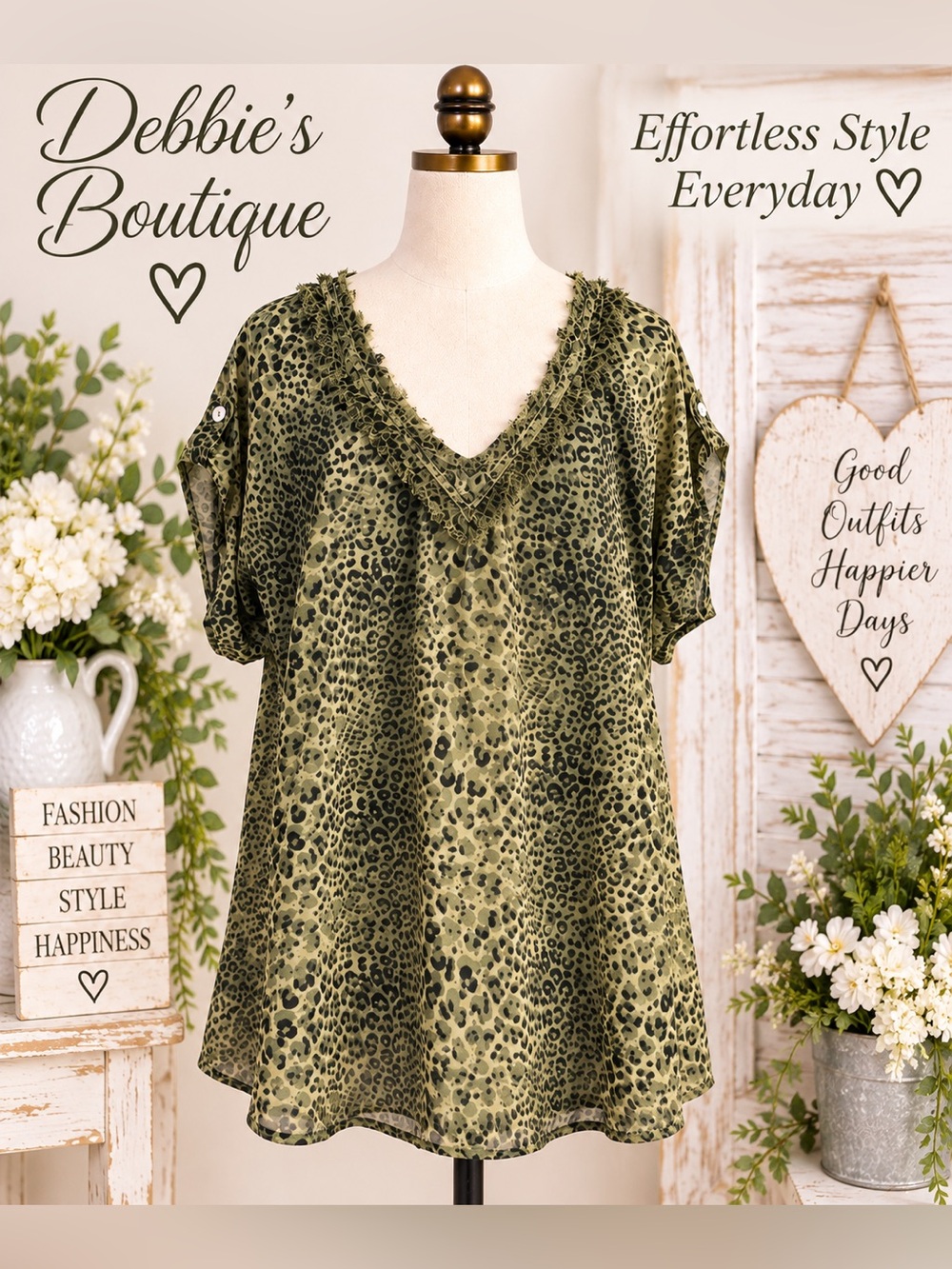 Quintessential Leopard Print Tunic Top Green Black Raw Ruffle V-Neck L